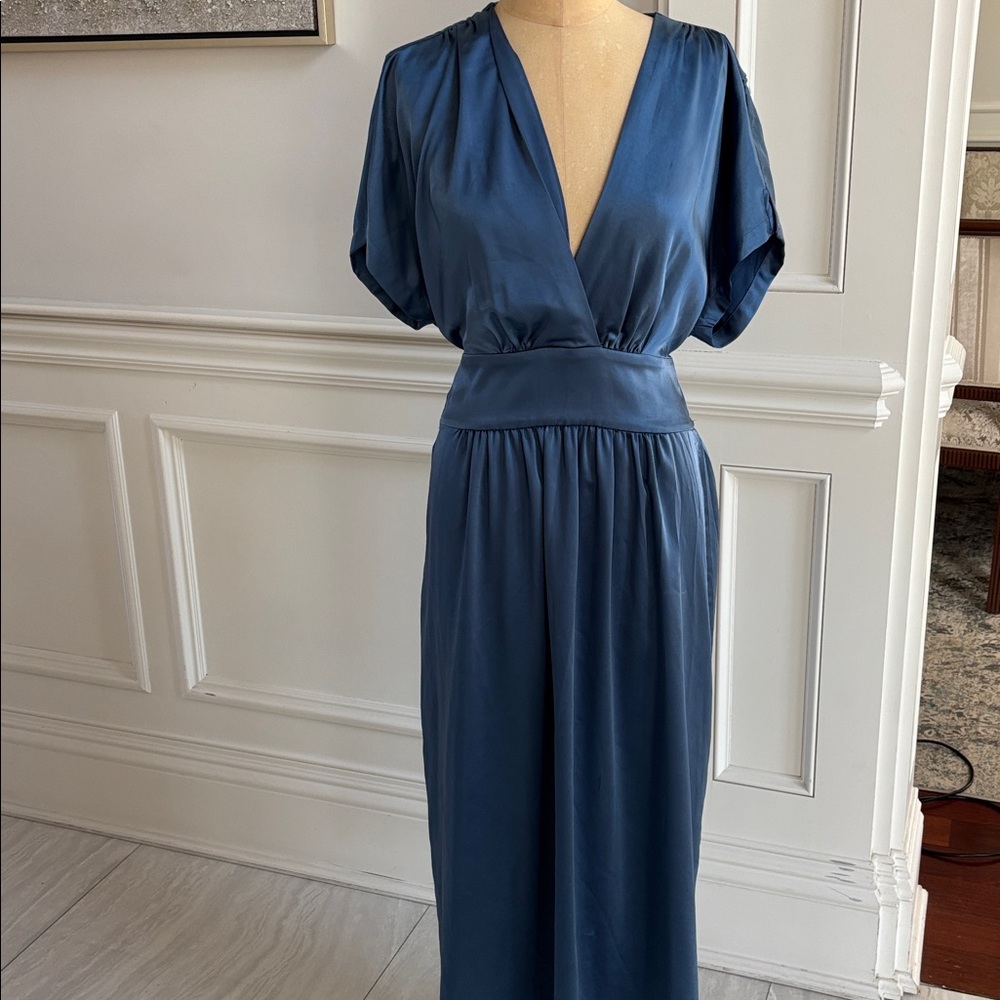 Elegant Blue V-Neck charmeuse (satin) Dress